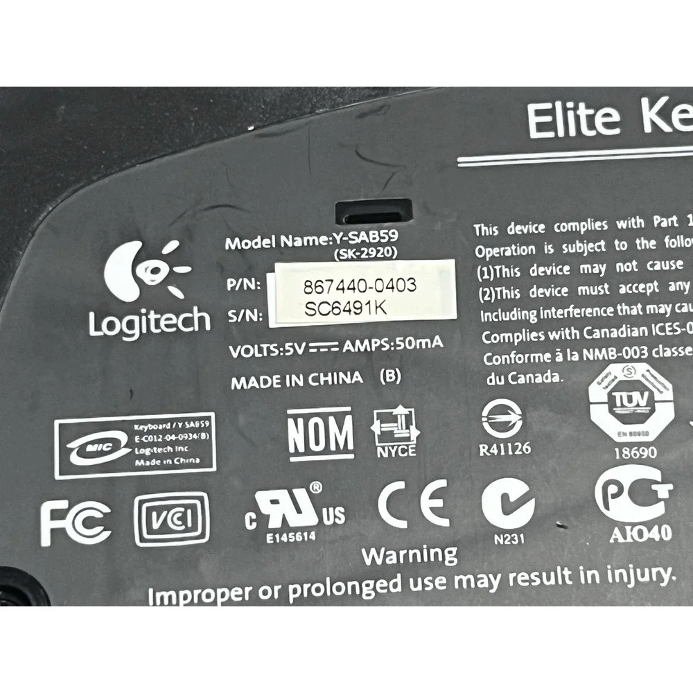 Logitech Elite Wired Keyboard Only Model No. Y-SAB59 Tested Original Corded